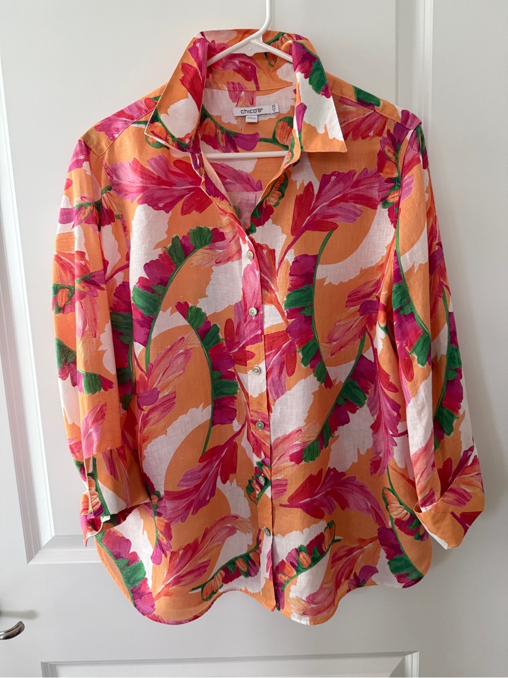 Chico's Orange Floral Button-Down with Pink and Green Pattern